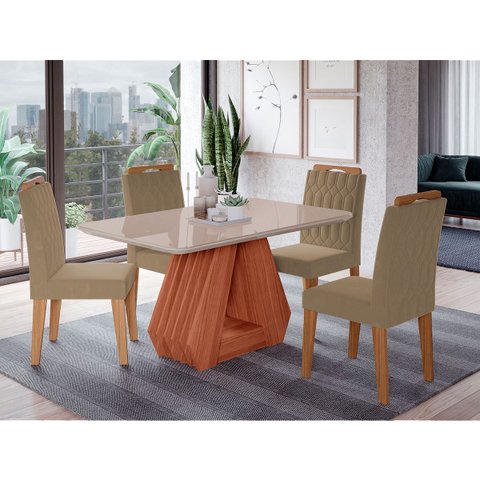 Conjunto de Mesa de Jantar Tampo de Vidro Off White Agata e 4 Cadeiras Paola Madeira Sued Joli e Cin