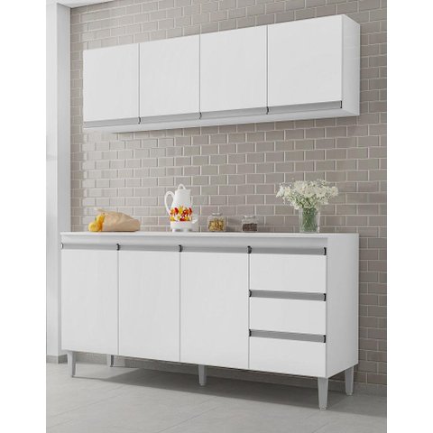 Kit de Cozinha Andréia Armário Aéreo 160mt e Balcão de Pia com Tampo Branco Ajl