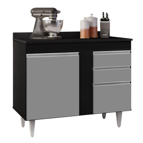 Balcão Gabinete 100cm com Tampo 2 Portas Luziania Preto/Cinza - Lumil Lumil Móveis