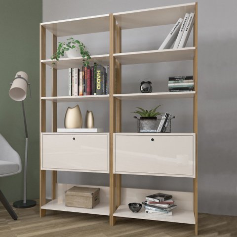 Conjunto Estantes para Livros Match 2 Portas Basculantes 6 Prateleiras Off White/Carvalho - Pnr Móve