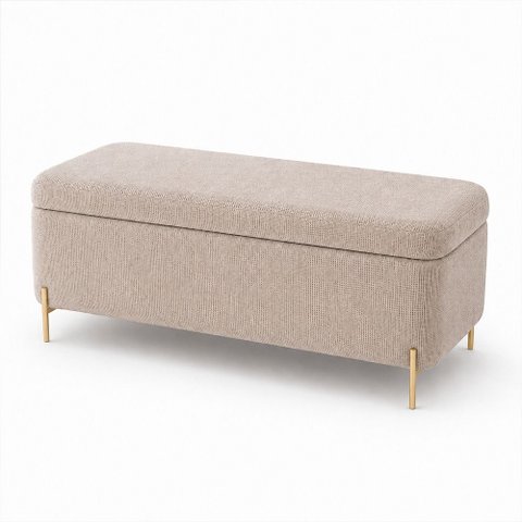 Puff Baú Bella 140cm Pés Alumínio Dourado Linho Bege - Sallar Home