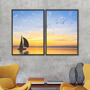 Quadro Veleiro Ao Pôr do Sol Duplo 50x70 2 Peças