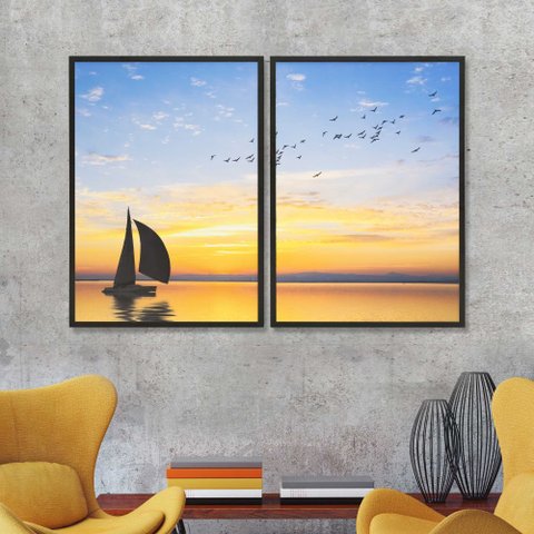 Quadro Veleiro Ao Pôr do Sol Duplo 50x70 2 Peças