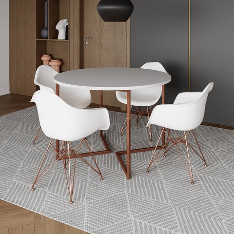 Mesa Industrial Jantar Branca 110cm Redonda Base V com 4 Poltronas Brancas Eames Eiffel Base Cobre