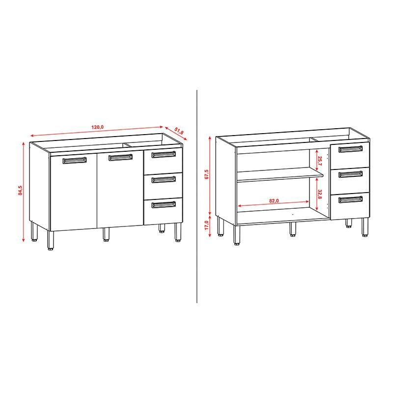 Balcão de Pia Ametista 2 Portas 3 Gavetas 120 Cm Freijó Supremo - Kits Paraná - 3