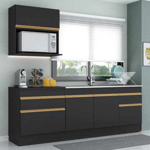 Cozinha Compacta com Rodapé Veneza Multimóveis Mp2110 com Armário e Balcão Preta