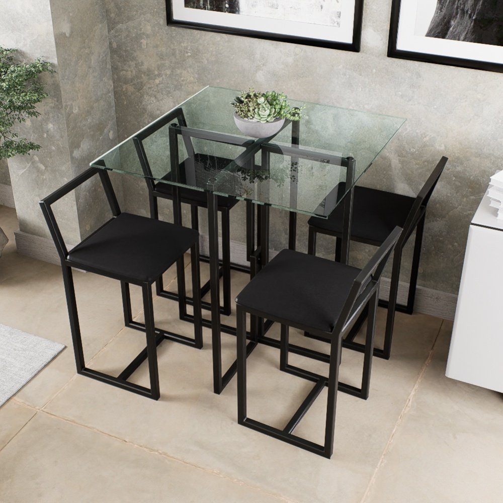 Conjunto Mesa Vidro 4 Cadeiras Pequena Estofado Industrial Black - Preto