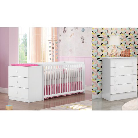 Quarto Do Bebê com Berço e Cômoda Gaveteiro Branco Baby