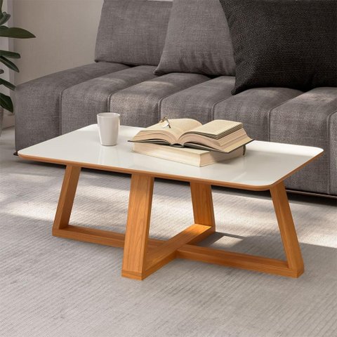 Mesa de Centro Sala de Estar 90cm x 60cm 100% MDF Dalla Costa Cor:Off White com Freijó