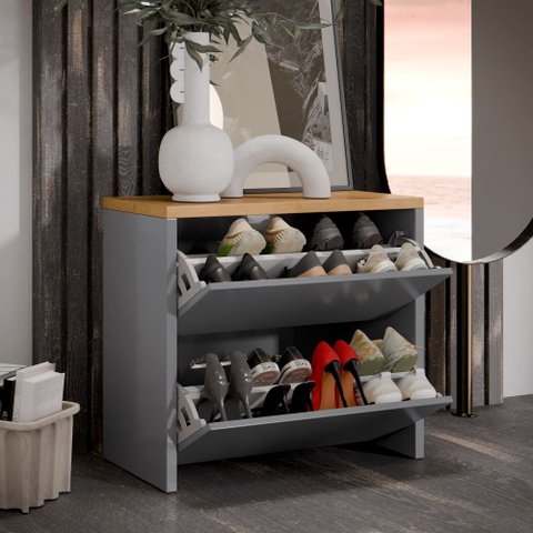 Sapateira Banco Organizadora 2 Portas Basculantes Hall de Entrada Closet Mel - Cinza com Freijó