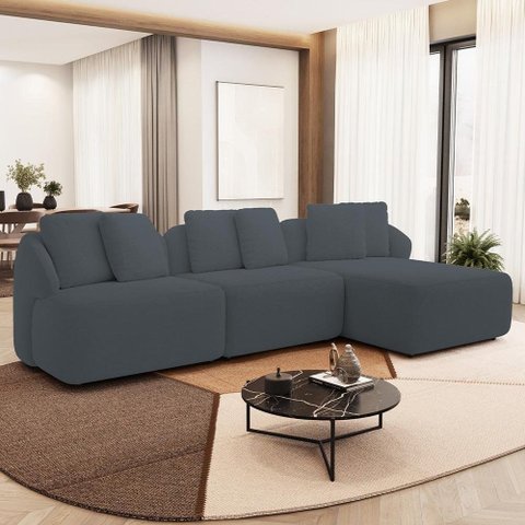 Sofá 3 Lugares com Chaise Direito Sala Living 248cm Arlo F04 Bouclê Grafite - Lyam Decor