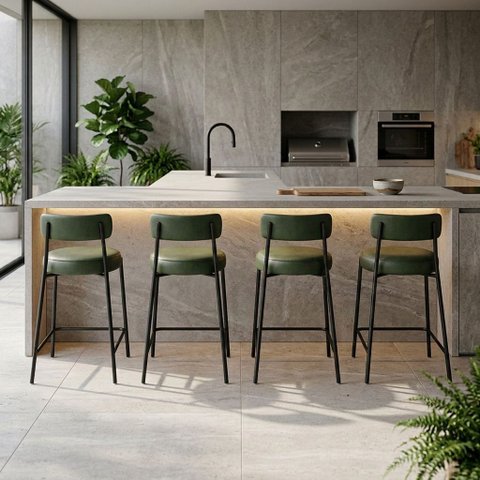 Banqueta Cozinha Média com Encosto Industrial Preto Kit 4 Londres PU Verde D03 - D'Rossi