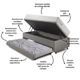 Bicama Box Baú Courino Linho 88x188 com Colchão Ecoline D33 Ecoflex - 7