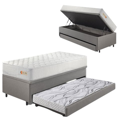 Bicama Box Baú Courino Linho 88x188 com Colchão Ecoline D33 Ecoflex