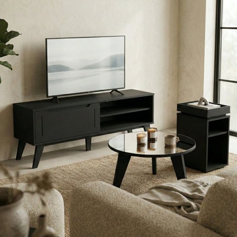 Sala de Estar Lotus Rack 60'' Polegadas Mesa de Centro Espelhada e Mesa de Apoio Lateral Preto