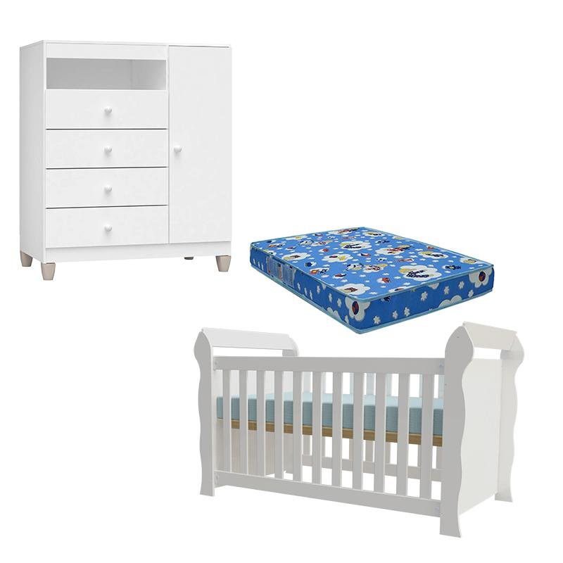 Berço Americano Lara com Colchão e Cômoda Infantil Ternura Baby Branco Brilho - Incorplac - 1