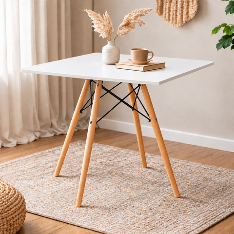 Mesa de Sala e Jantar Eames Tampo 70cm Quadrado Branco com Base de Madeira Eames Eiffel