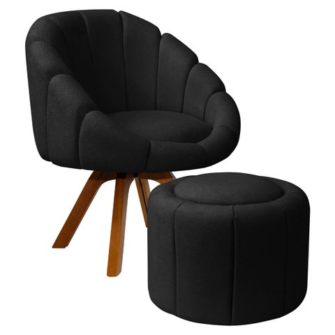 Kit Poltrona Decorativa Orgânica Flora Base Giratória com Puff Bouclê - Sofa Store:bouclê Preto