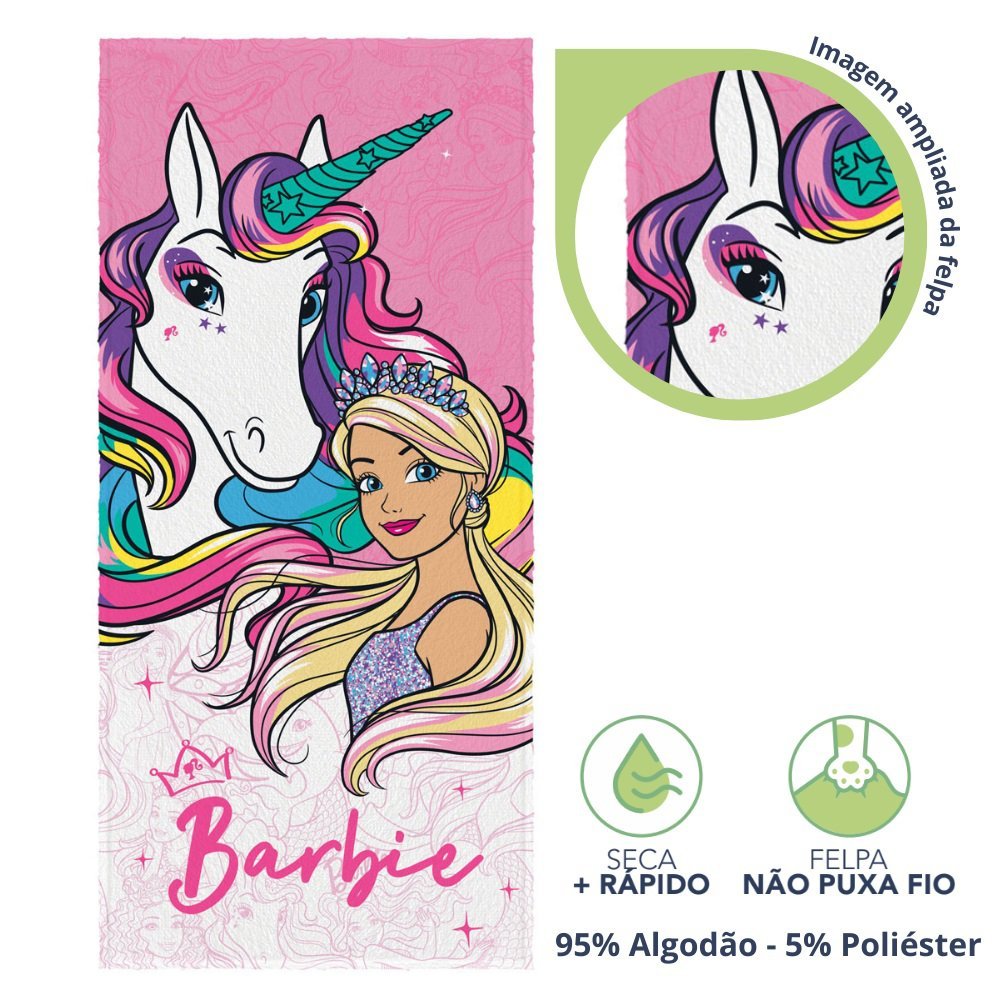 Toalha de Banho Infantil Barbie Felpuda Algodão Praia Piscina Lepper - 3