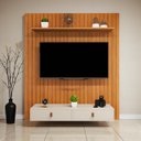 Ver imagem 1 de Painel Tv 50 Polegadas Suspenso Ripado 120cm com Nicho Gavetas Puxadores Couro Sala Quarto Intense:n