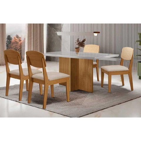 Conjunto: Mesa Sala Jantar Berlim Curvo 120cm + 4 Cadeiras Havana Naturale/Off White - Suede Creme