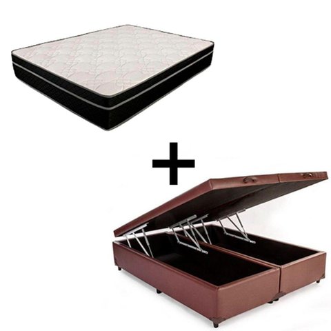 Cama Box Baú Casal 138 Bipartido Tecido Marrom com Colchão Paris Molas Preto 67x138x188