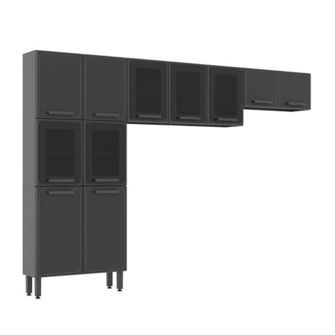 Cozinha Completa Aço 11 Portas 5 C/ Vidro Estilo Bertolini - Grafite/vidro