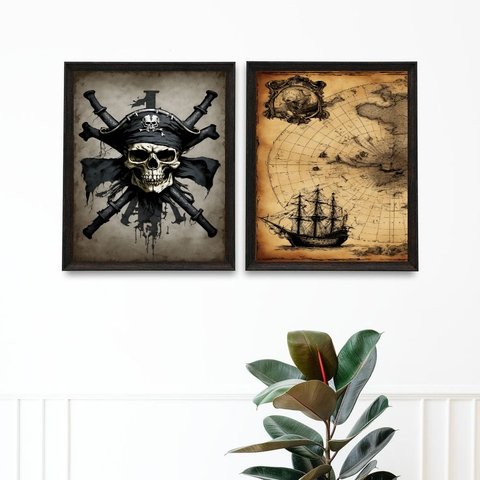 Kit 2 Quadros Decorativos Mapa Pirata 24x18cm - com Vidro:madeira Preta