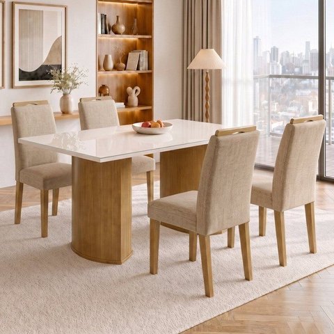 Conjunto de Mesa 4 Lugares Isla e Cadeiras Lyra Tampo Vidro/MDF 120x80cm Cinamomo e Off White