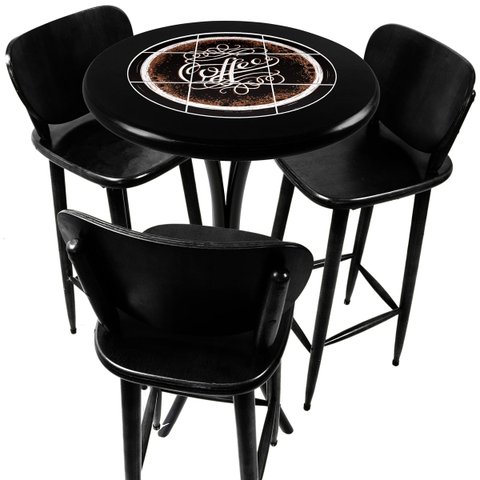 Cj Mesa Madeira Azulejo 60cm - Bistrô Fixa 98cm + 3 Banquetas 73 - Preta - Coffee