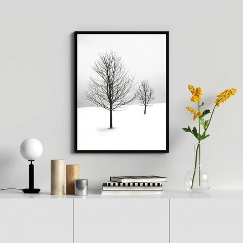 Quadro Decorativo Árvores na Neve 24x18cm - com Vidro:madeira Preta