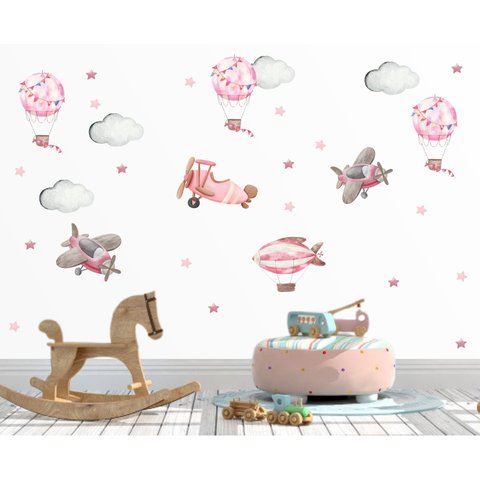 Adesivo de Parede Infantil Avião Balão Aquarela Rosa
