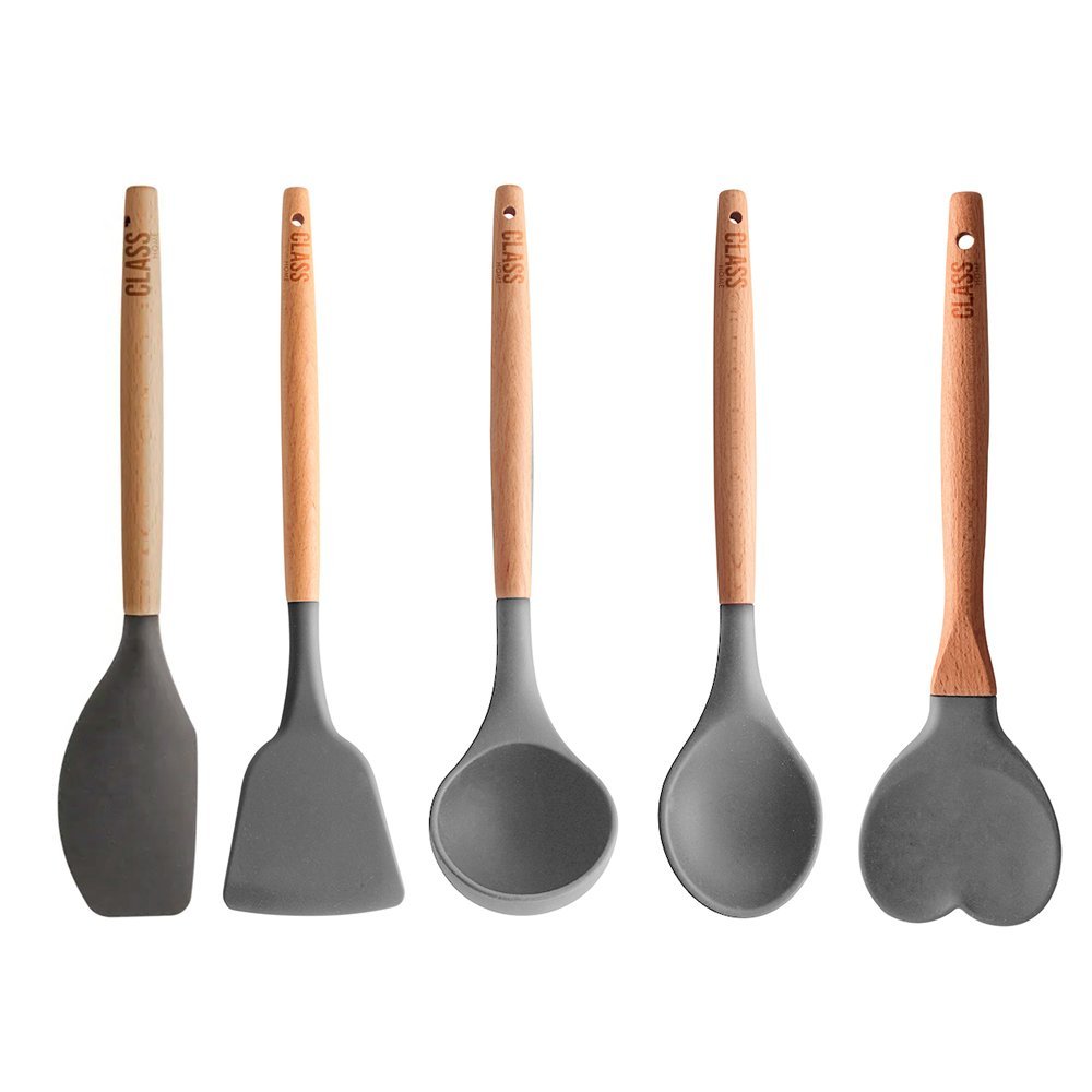 Kit 5 Utensílios Colher Concha Espátula Bambu Silicone