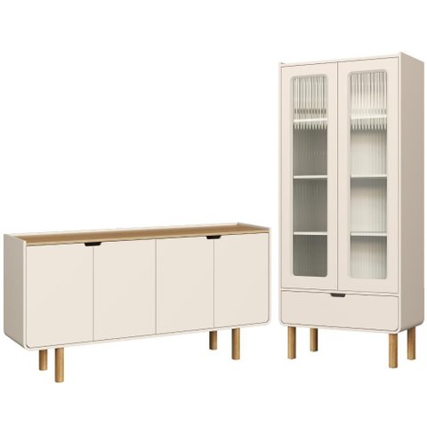 Cristaleira 180x80 Cm e Buffet 160 Cm Aura Pes Madeira Maciça Off White Artesano