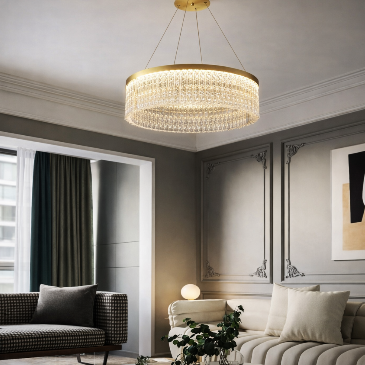 Ver imagem 6 de Lustre Redondo 136cm X 60cm Led 80 Cristais 3 Cores Multitemperatura Teto Gimpo Kjdd-l-448-60cm