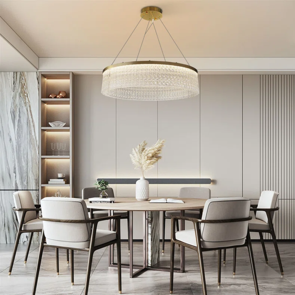 Ver imagem 4 de Lustre Redondo 136cm X 60cm Led 80 Cristais 3 Cores Multitemperatura Teto Gimpo Kjdd-l-448-60cm