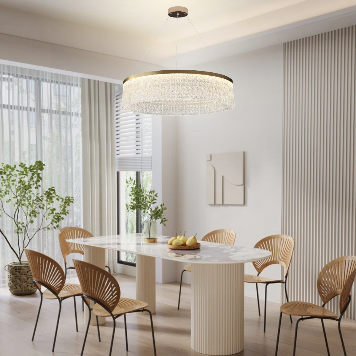 Ver imagem 2 de Lustre Redondo 136cm X 60cm Led 80 Cristais 3 Cores Multitemperatura Teto Gimpo Kjdd-l-448-60cm