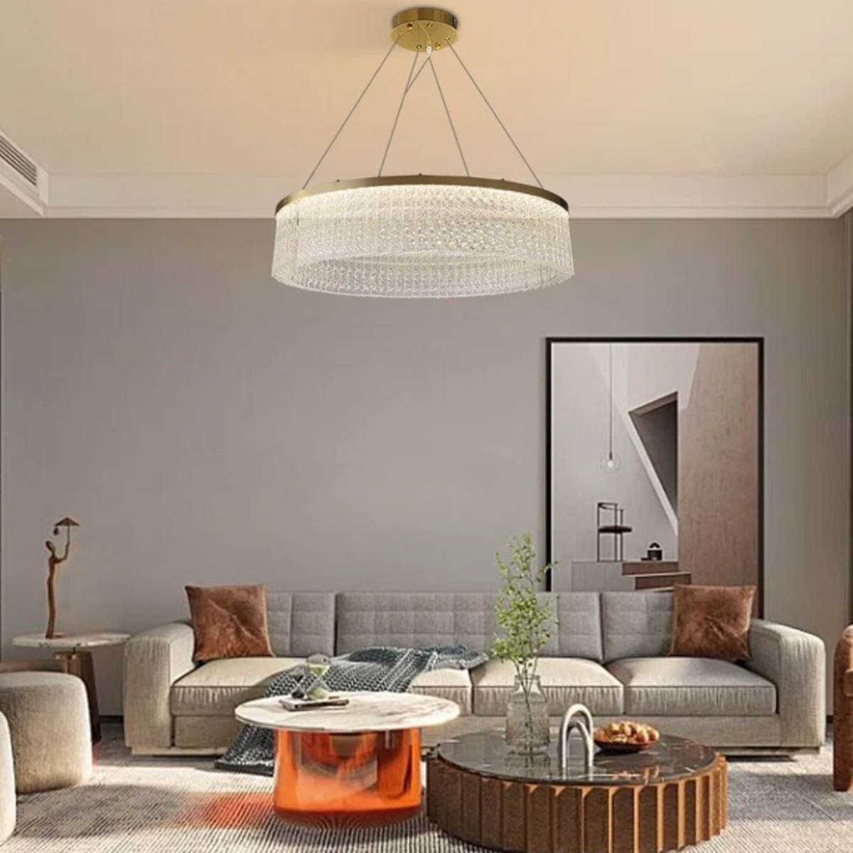 Ver imagem 3 de Lustre Redondo 136cm X 60cm Led 80 Cristais 3 Cores Multitemperatura Teto Gimpo Kjdd-l-448-60cm