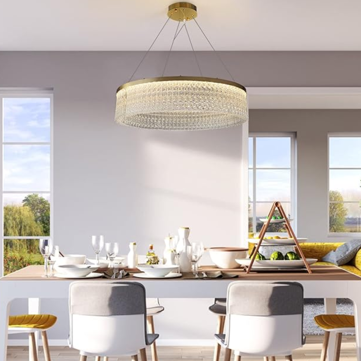 Ver mais imagens de Lustre Redondo 136cm X 60cm Led 80 Cristais 3 Cores Multitemperatura Teto Gimpo Kjdd-l-448-60cm