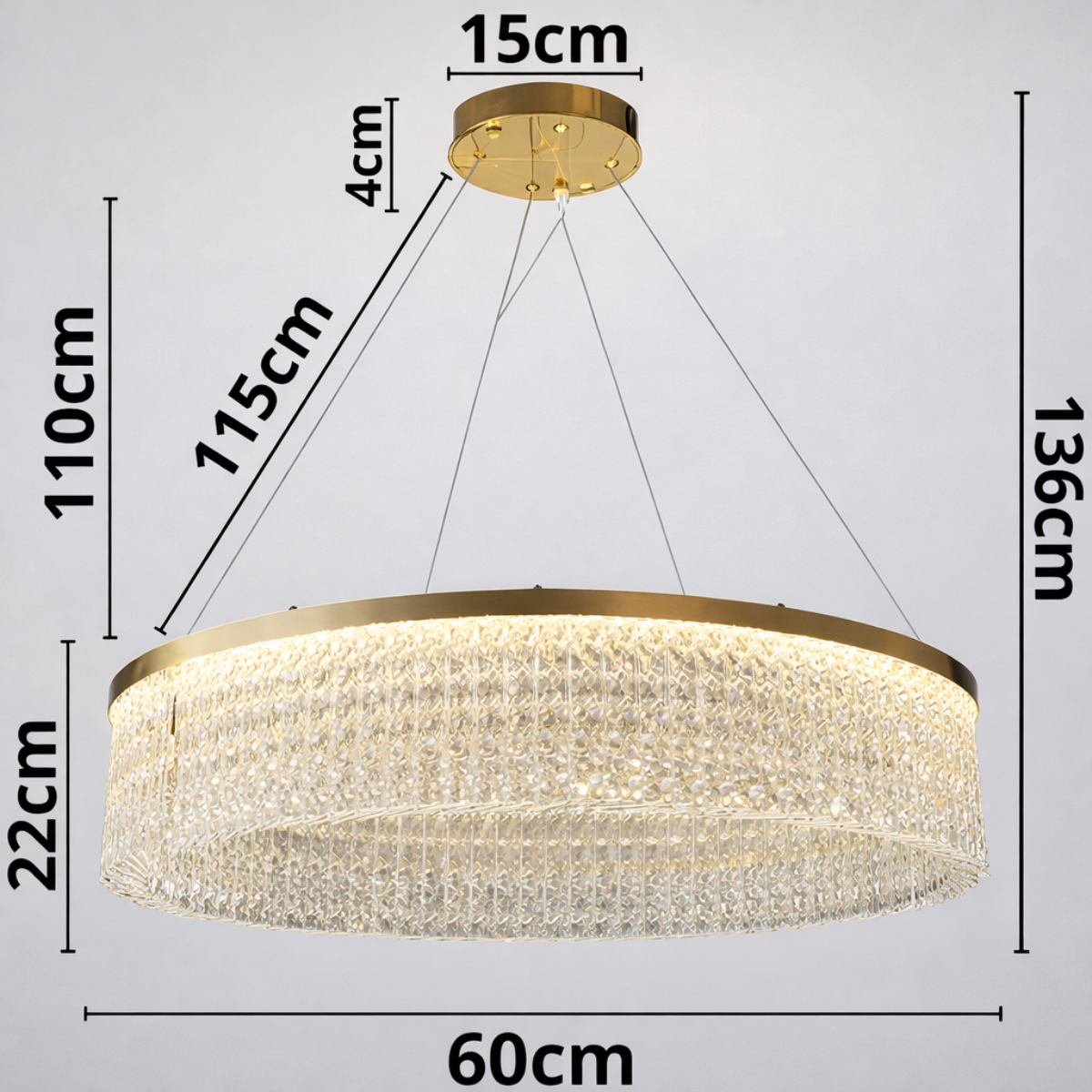 Ver imagem 5 de Lustre Redondo 136cm X 60cm Led 80 Cristais 3 Cores Multitemperatura Teto Gimpo Kjdd-l-448-60cm