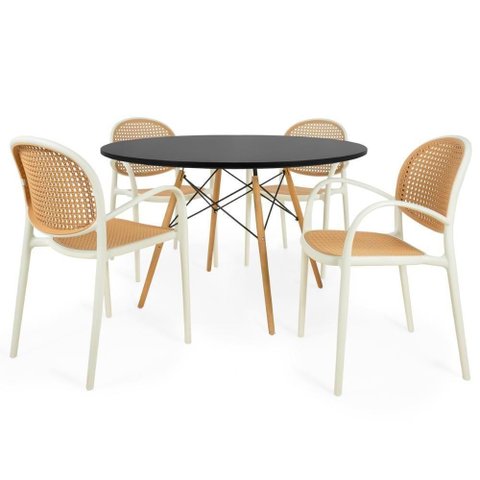 Conjunto Mesa de Jantar Redonda Eiffel Preta 120cm com 4 Cadeiras Roma com Braço - Bege