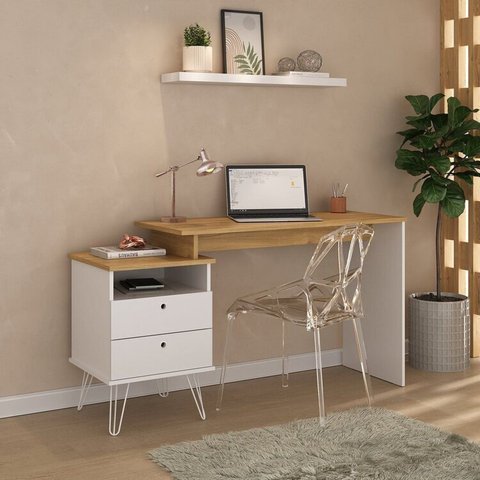 Kit Escrivaninha Mesa Escritório com Regulagem Estilo Plus 2 Gavetas 143,5cm com Prateleira Suspensa Branco/Olmo Artany