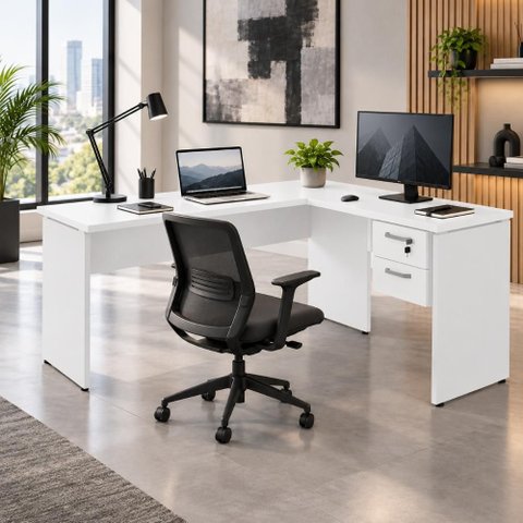 Mesa Escrivaninha 30mm 150cm em L com Gaveteiro Pés Painel F5 Office Cor:Branco
