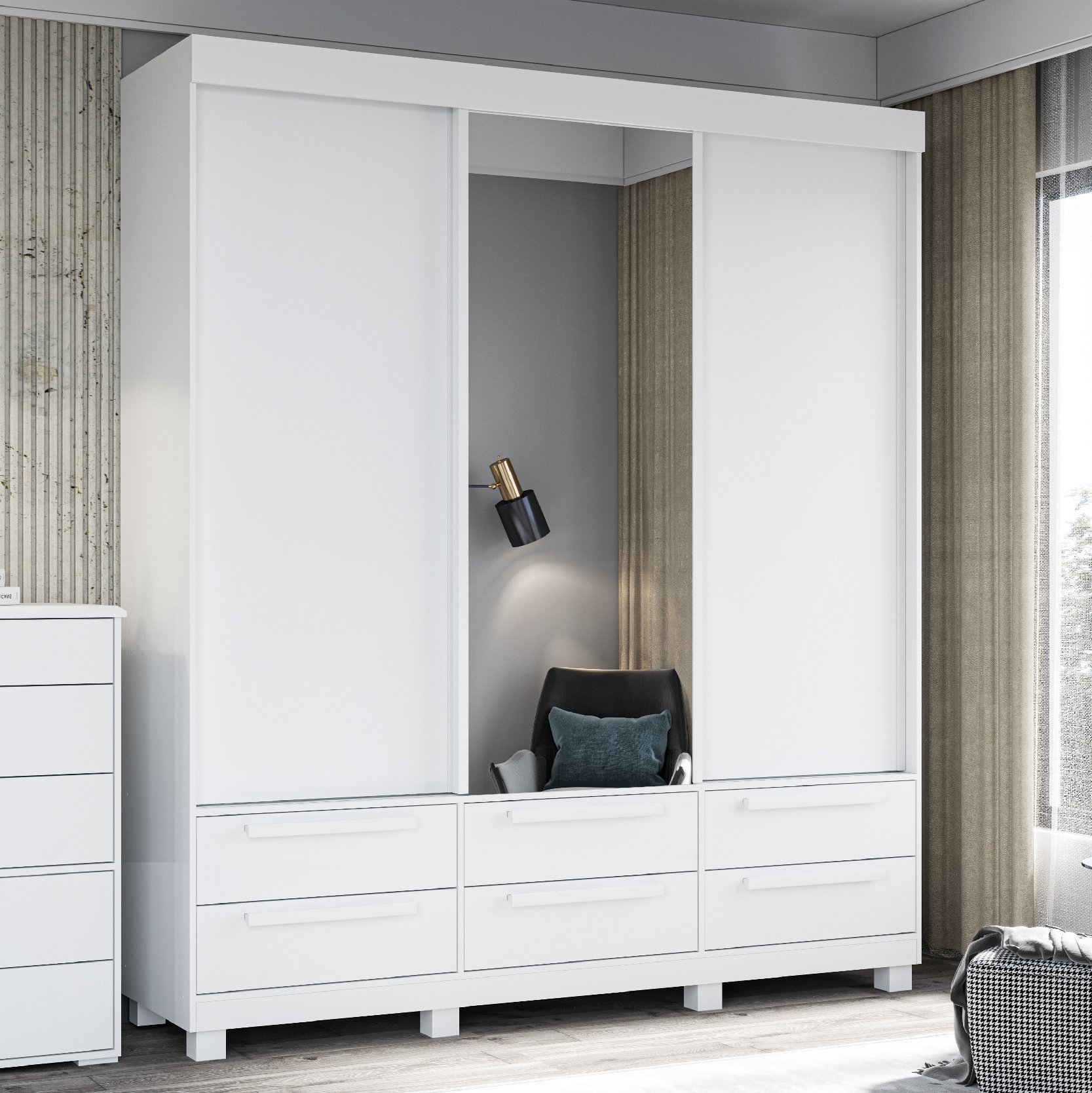 Guarda Roupa Casal 100% MDF 3 Portas Deslizantes com Espelho e 6 Gavetas Sidney Plus Rimo - Branco - 1