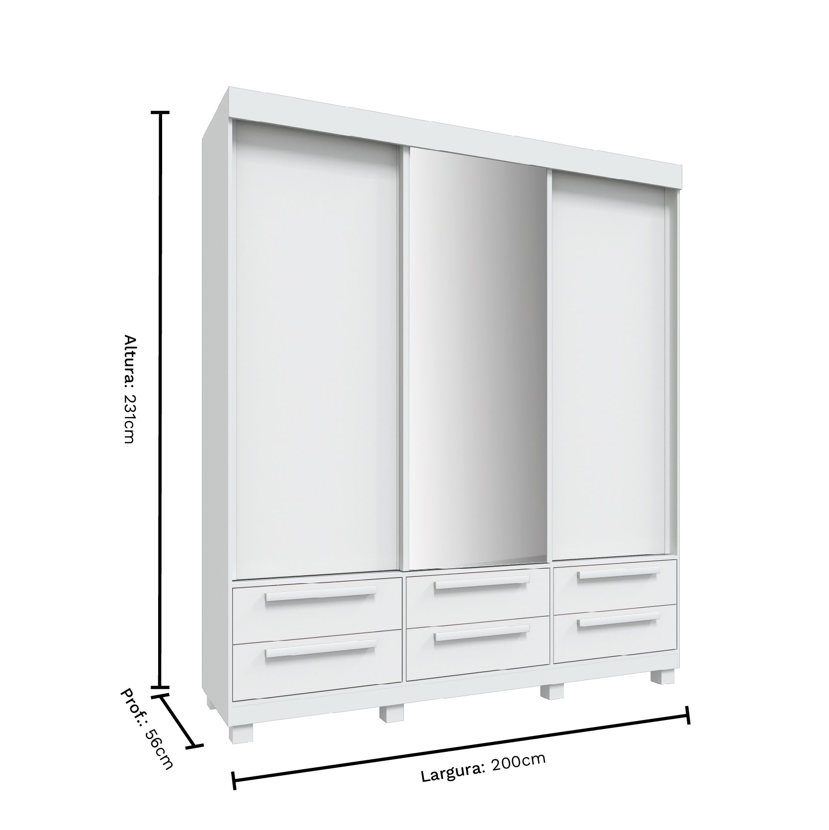 Guarda Roupa Casal 100% MDF 3 Portas Deslizantes com Espelho e 6 Gavetas Sidney Plus Rimo - Branco - 5