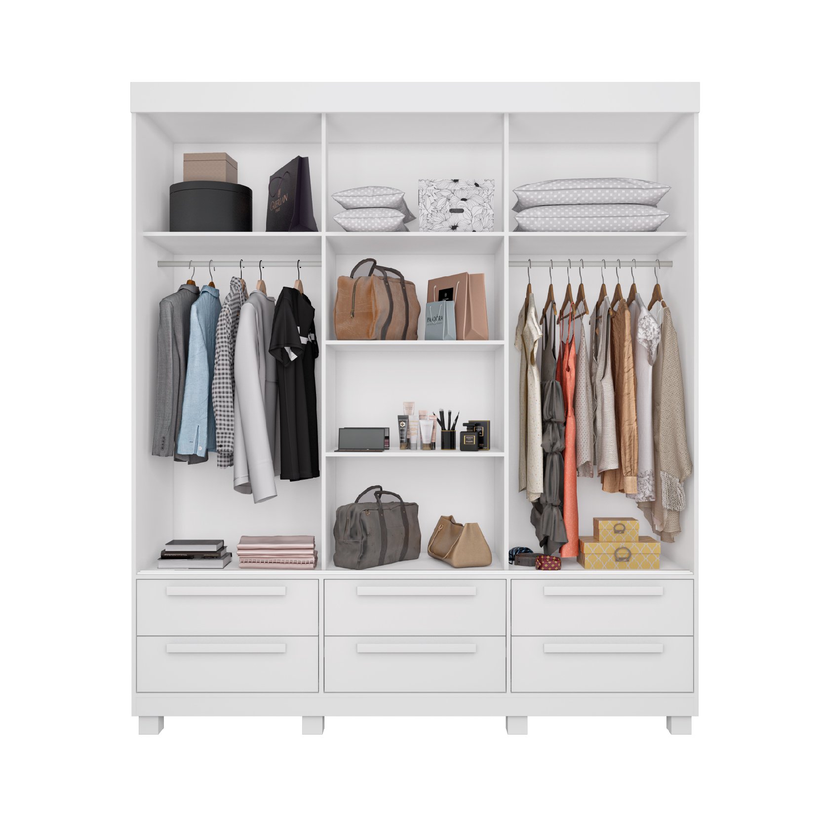 Guarda Roupa Casal 100% MDF 3 Portas Deslizantes com Espelho e 6 Gavetas Sidney Plus Rimo - Branco - 2