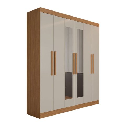 Guarda-Roupa Casal Albuquerque 6 Portas 2 Gavetas 100% MDF com Espelho Cinamomo/Off White - Panorama