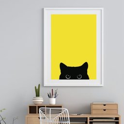 Quadro Gatinho Curioso - Amarelo - 60x48cm:madeira Branca - 2