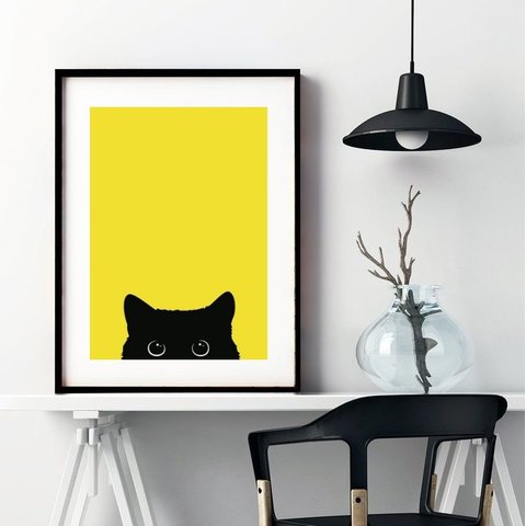 Quadro Gatinho Curioso - Amarelo - 60x48cm:madeira Branca