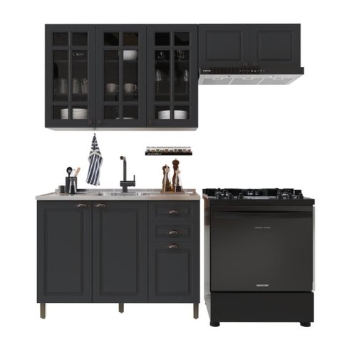 Armário de Cozinha Modulada Compacta Fidelitá Nara 100% MDF 3 Peças 200cm 8 Portas 2 Gavetas sem